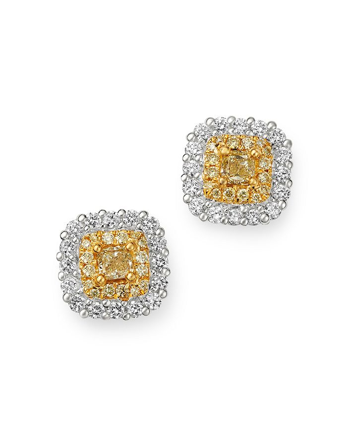 Bloomingdale's Cushion-cut Yellow & White Diamond Stud Earrings In 18k White & Yellow Gold - 100% Exclusive In Yellow/white