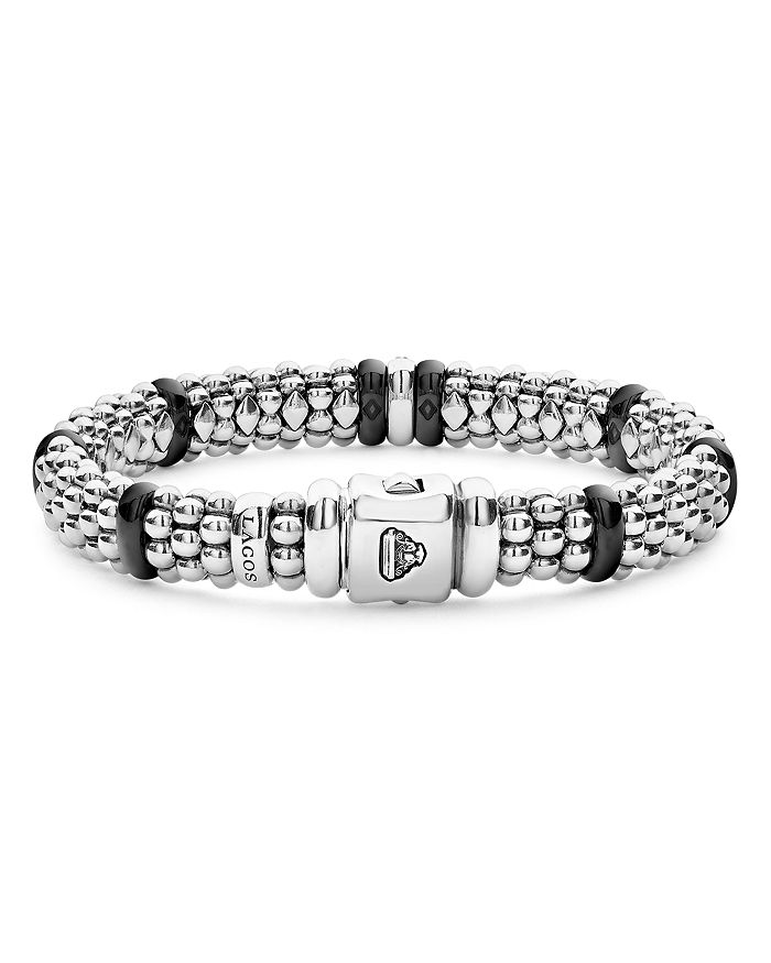 Shop Lagos Sterling Silver Black Caviar Rope Bracelet With Diamonds & Black Ceramic In Black/silver