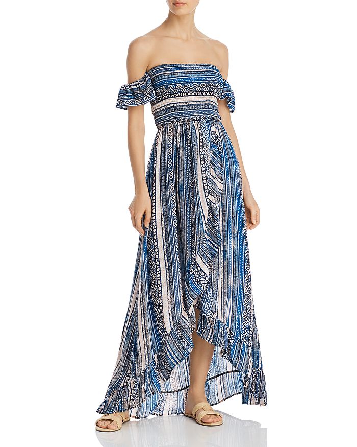 Surf Gypsy Off the Shoulder Smocked Bodice Ruffled Maxi Dress Swim