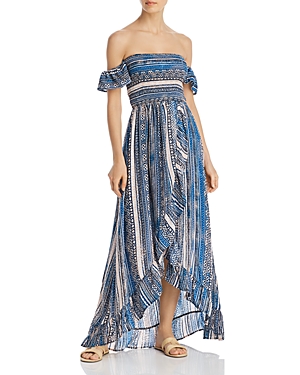 Surf Gypsy Off-the-Shoulder Smocked Bodice Ruffled Maxi Dress Swim Cover-Up