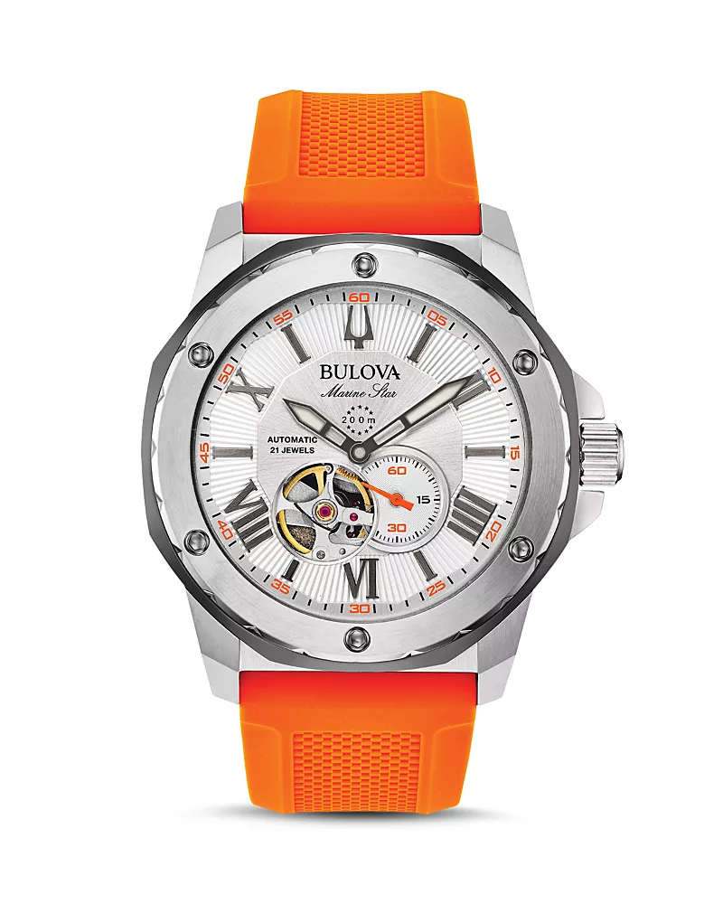 Bulova Marine Star Orange Silicone Strap Automatic Watch, 45mm