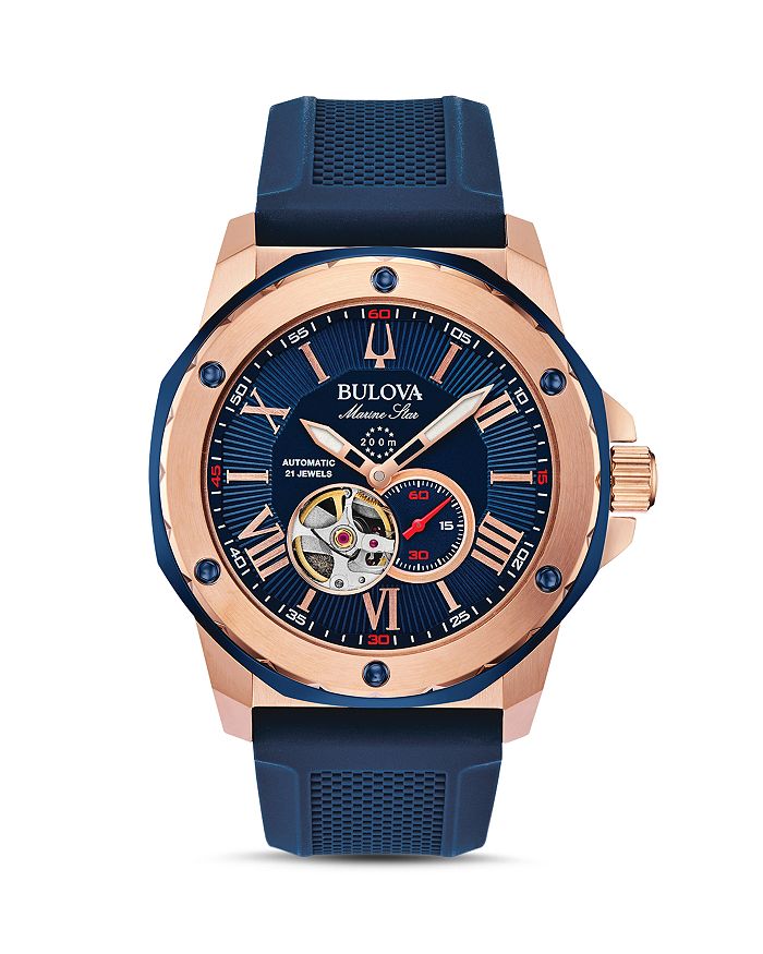 Shop Bulova Marine Star Blue Silicone Strap Automatic Watch, 45mm