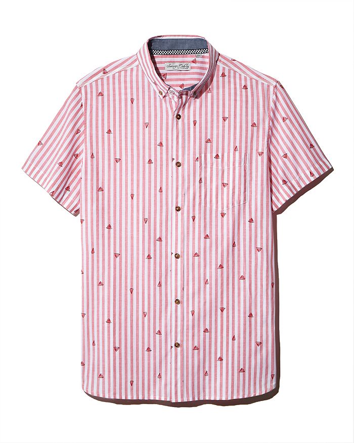 Sovereign Code Genius Short-sleeve Striped Watermelon-print Regular Fit Button-down Shirt In Watermelon/red