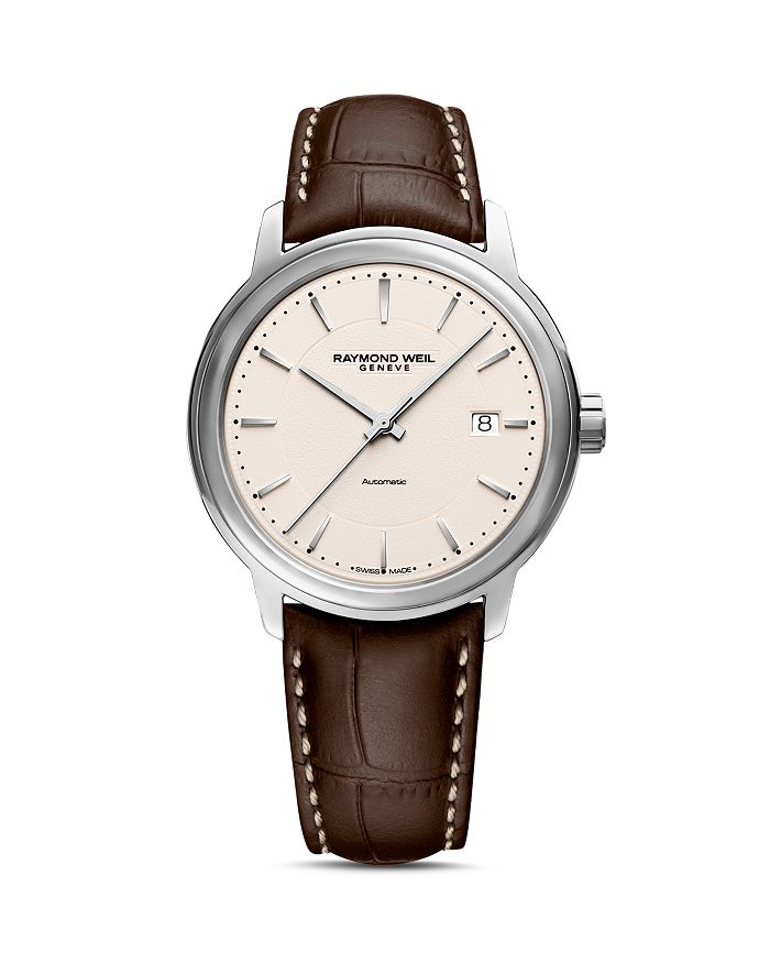 Shop Raymond Weil Maestro Brown Leather Strap Automatic Watch, 39.5mm In Ivory/brown