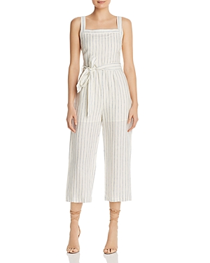 Lost And Wander Gabriela Striped Cropped Linen Jumpsuit In White/blue ...