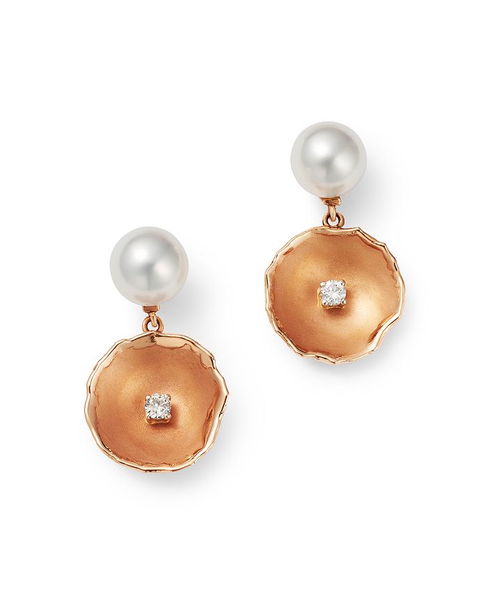 Own Your Story 14k Rose Gold The World Is Your Oyster Pearl & Diamond Drop Earrings In White/rose Gold