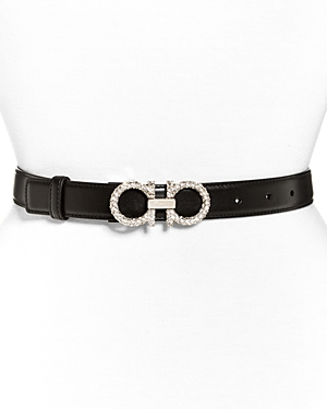Ferragamo Double Gancio Crystal Buckle Leather Belt In Black/silver