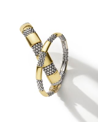 18K Yellow Gold & Sterling Silver High Bar Station Bangle Bracelet