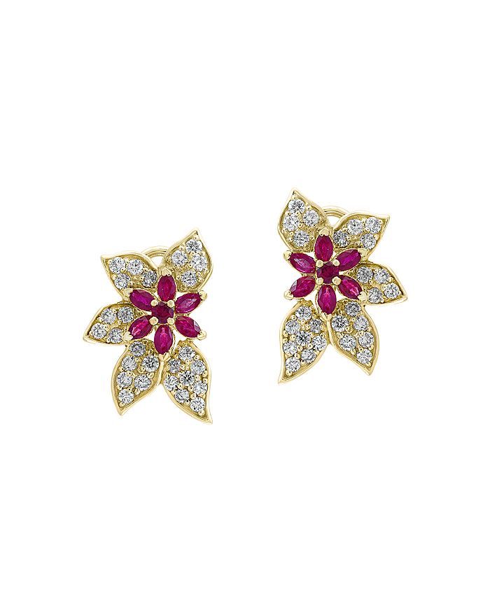 Bloomingdale's Certified Ruby & Diamond Exotic Flower Earrings In 14k Yellow Gold - 100% Exclusive In Red/gold