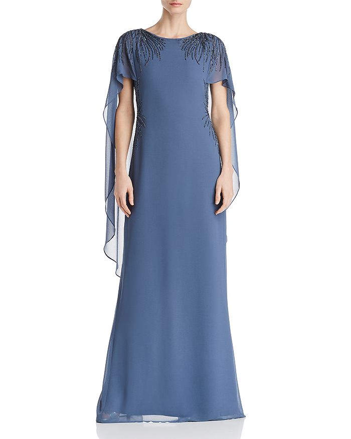 Adrianna Papell Beaded Georgette Gown In Smoky Blue