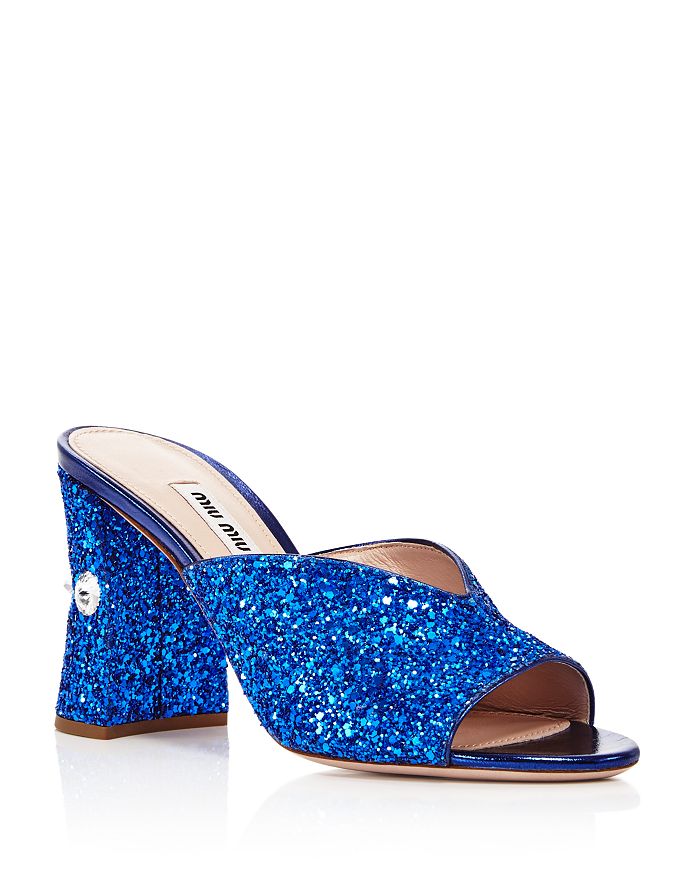 Miu Miu Women's Rocchetto Crystal-embellished Block Heel Sandals In Bleu Glitter