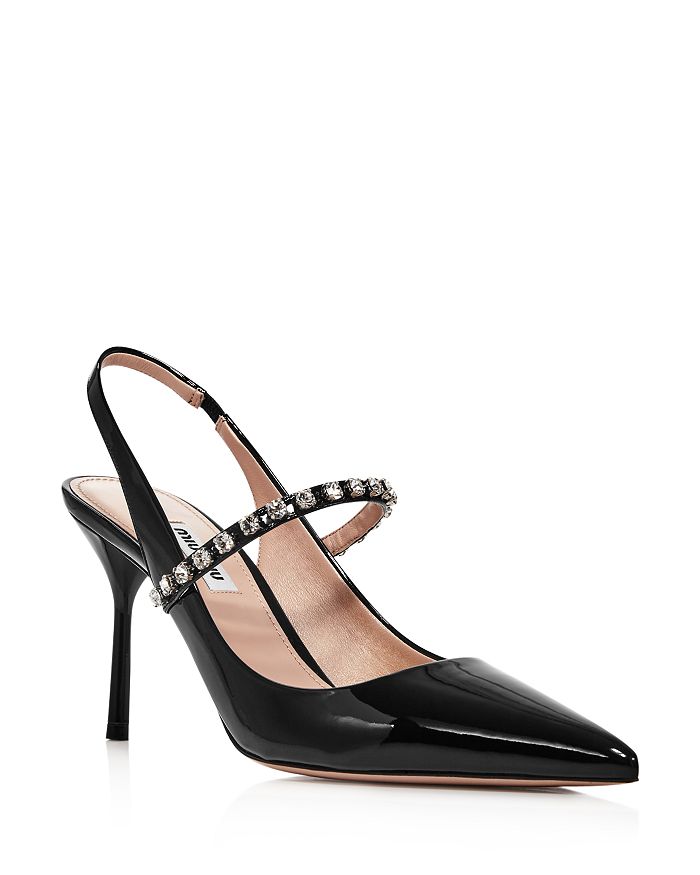 Miu Miu Crystal-embellished Patent-leather Slingback Pumps In Black | ModeSens