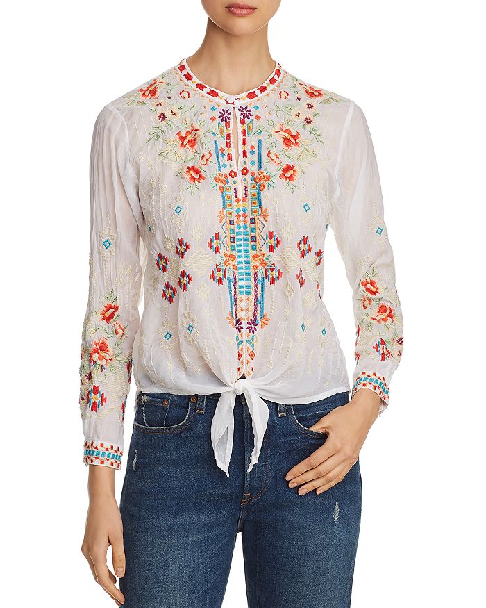 Johnny Was Donya Embroidered Tie front Top In White ModeSens