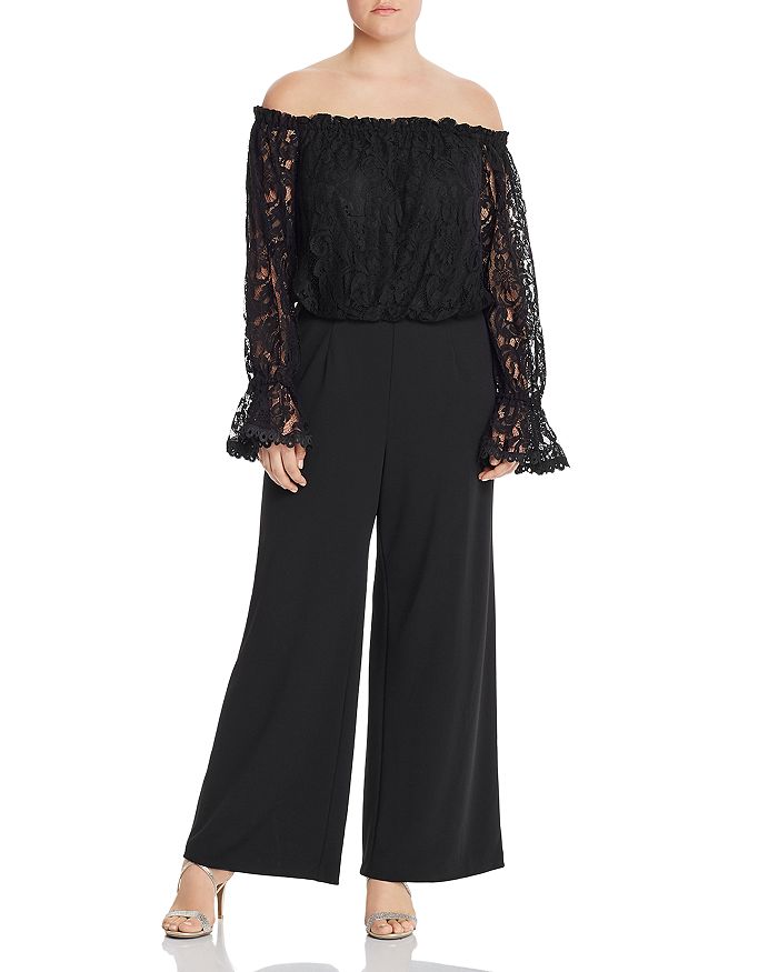 Adrianna Papell Plus Off-the-shoulder Lace Jumpsuit In Black