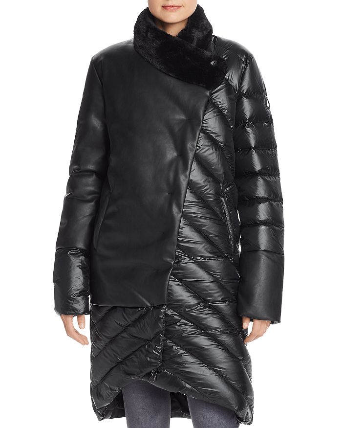 Snowman Asymmetric Hem Faux Leather & Down Coat In New York Black