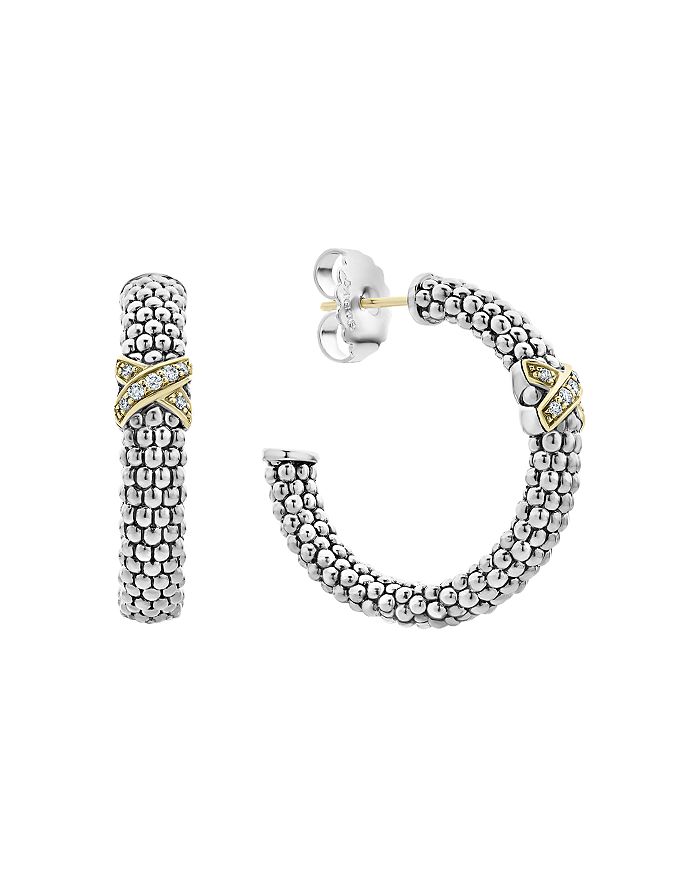 Shop Lagos Sterling Silver & 18k Yellow Gold Embrace Diamond Hoop Earrings In White/multi