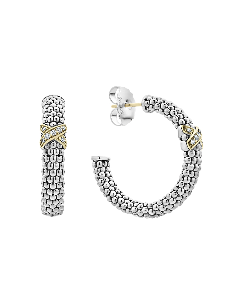 Lagos Sterling Silver & 18K Yellow Gold Embrace Diamond Hoop Earrings