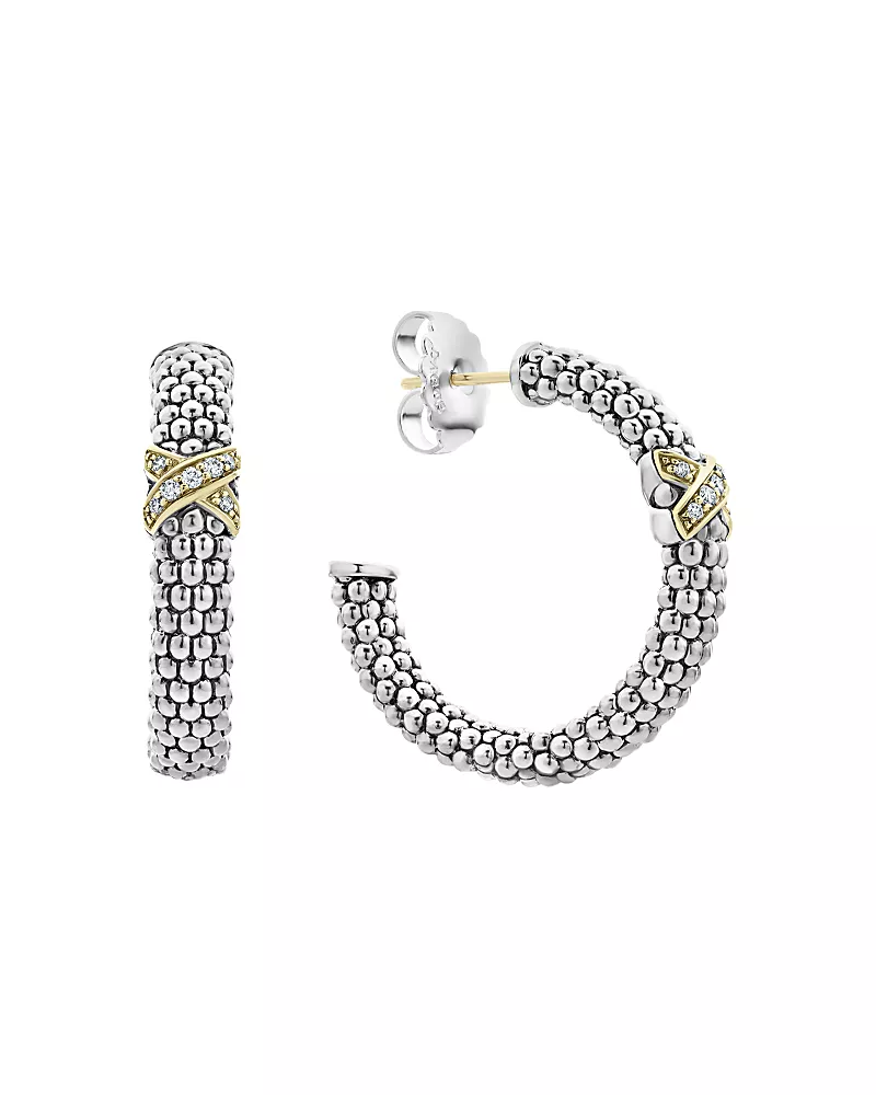 Lagos Sterling Silver & 18K Yellow Gold Embrace Diamond Hoop Earrings