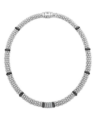 Sterling Silver Black Caviar Diamond & Ceramic Station Necklace, 16"