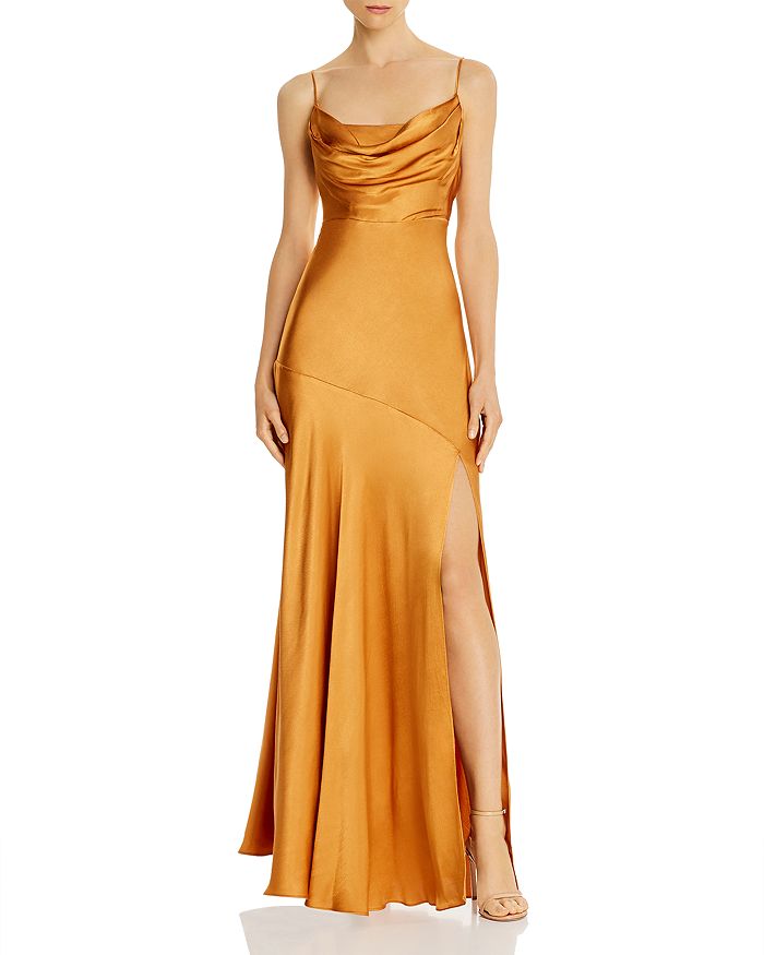 Fame And Partners Maya Cowl Neck Satin Gown In Golden Orange