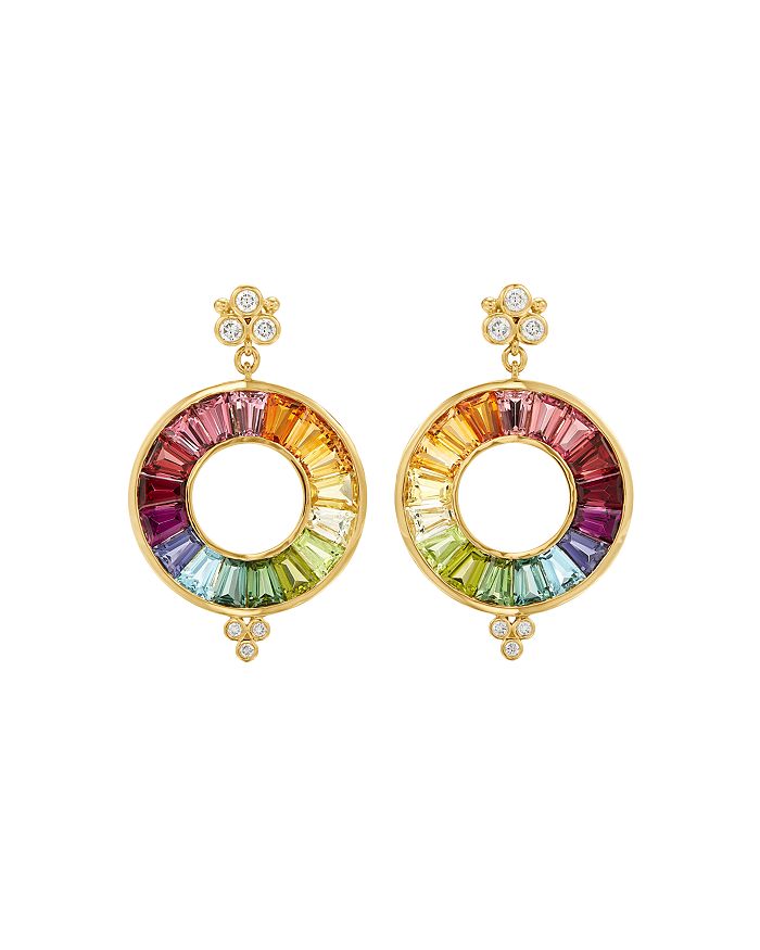 Shop Temple St. Clair 18k Yellow Gold High Color Wheel Halo Drop Earrings With Rainbow Gemstones & Diamonds In Multi/gold