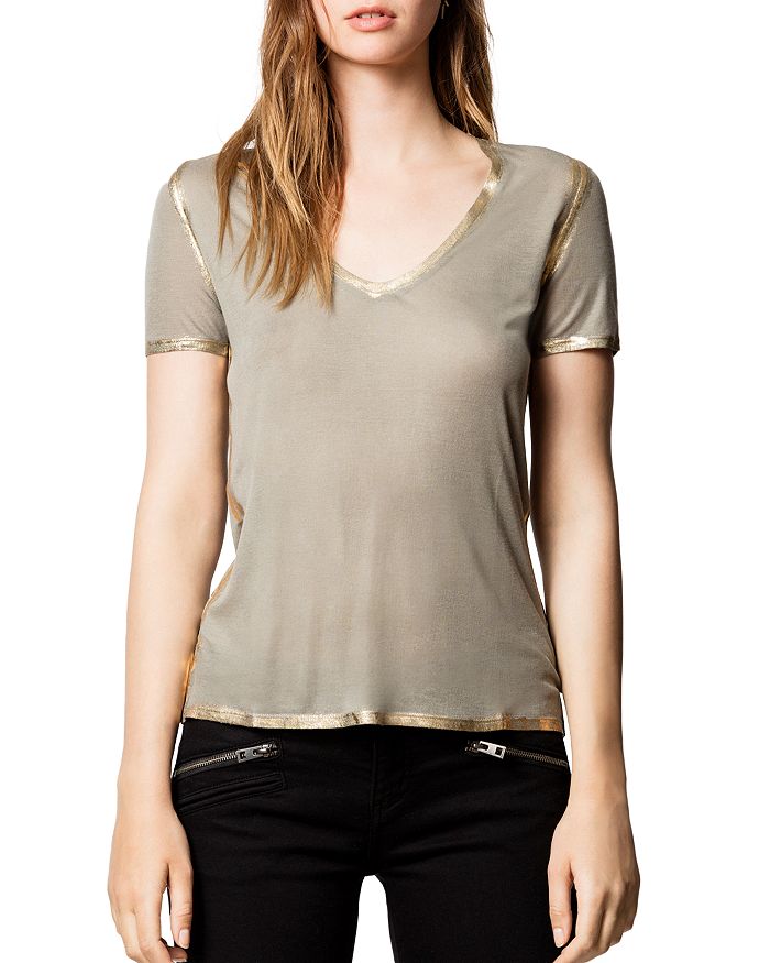 Zadig & Voltaire Tino Gold Foil-trimmed Tee In Green