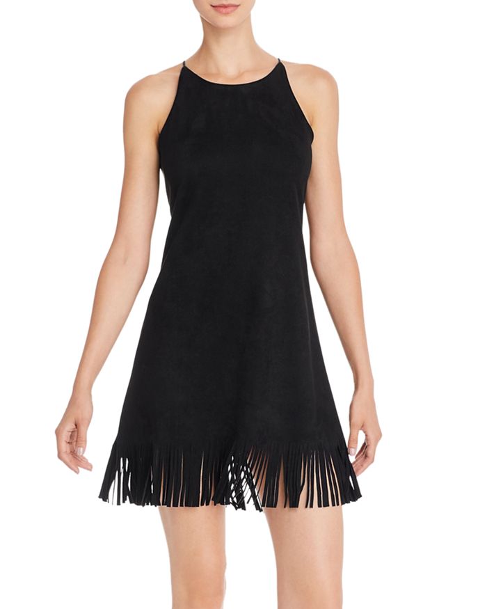 Aqua Fringed Faux-suede Shift Dress - 100% Exclusive In Black