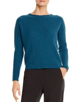EILEEN FISHER Womens Ivory Ribbed Vented Hem Striped Long Sleeve Jewel Neck Sweater main image 1