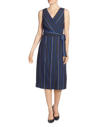 T Tahari Striped Faux-Wrap Dress | Bloomingdale's