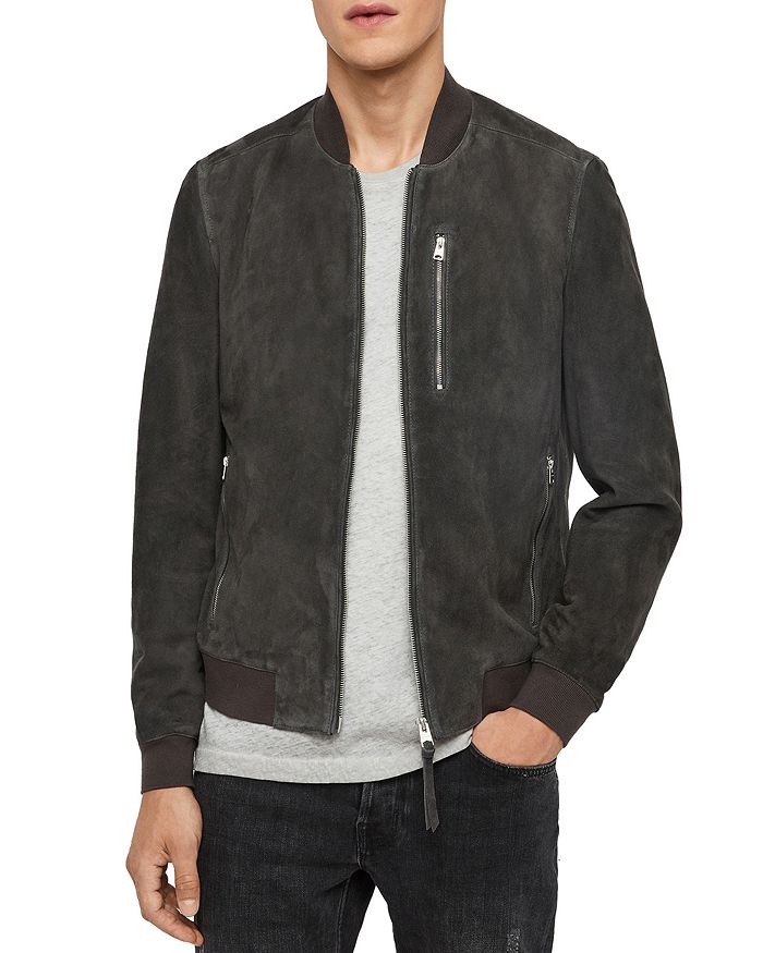 Allsaints Kemble Suede Slim Fit Bomber Jacket In Soot Gray