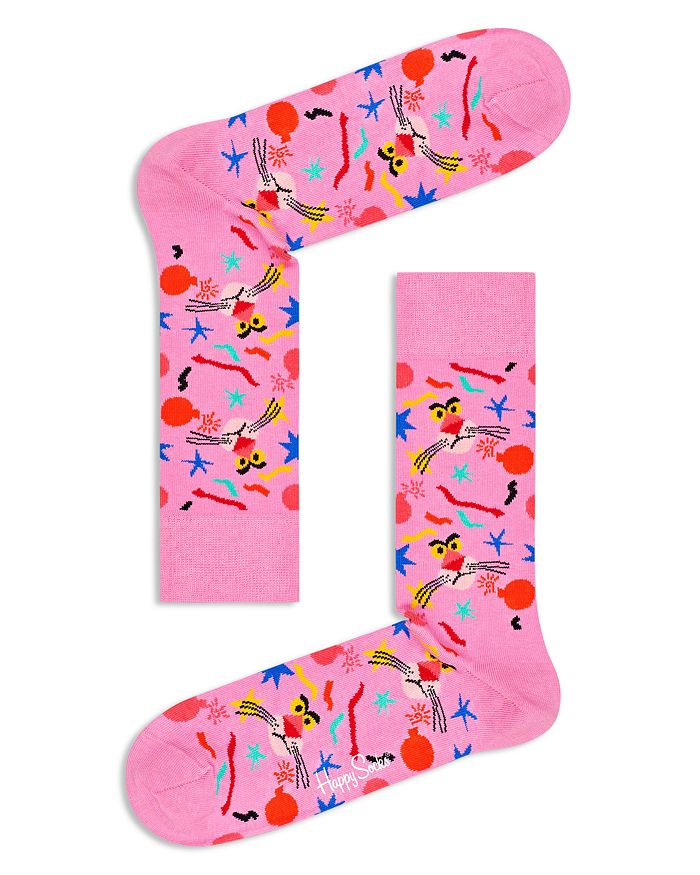 Happy Socks Pink Panther Face Crew Socks In Pink/blue