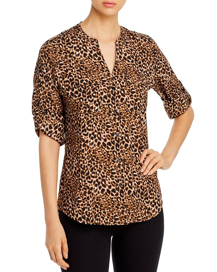 Calvin Klein Leopard-print Roll-sleeve Shirt In Leopard Black