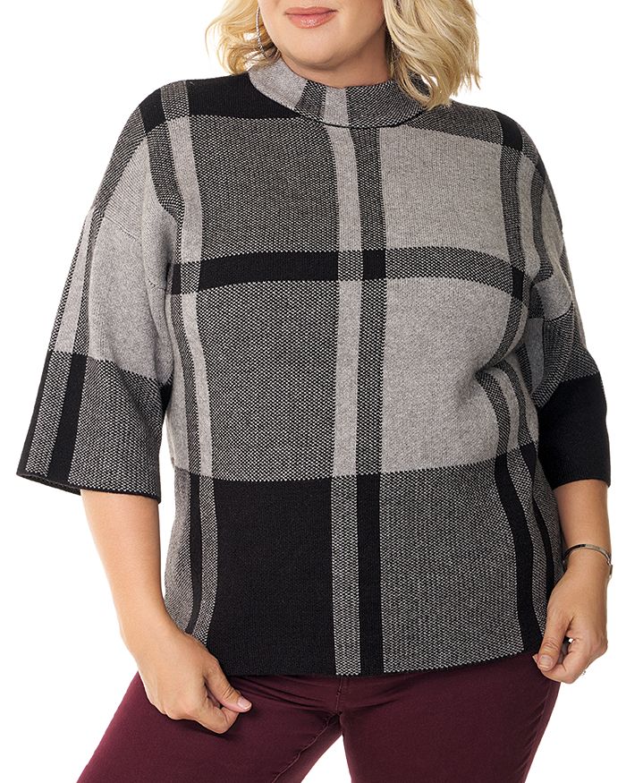 Belldini Plus Plaid Sweater In Heather Gray/black