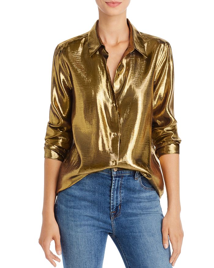 EQUIPMENT BURNEL GOLD LAME SILK-BLEND SHIRT,19-3-005685-TP03346