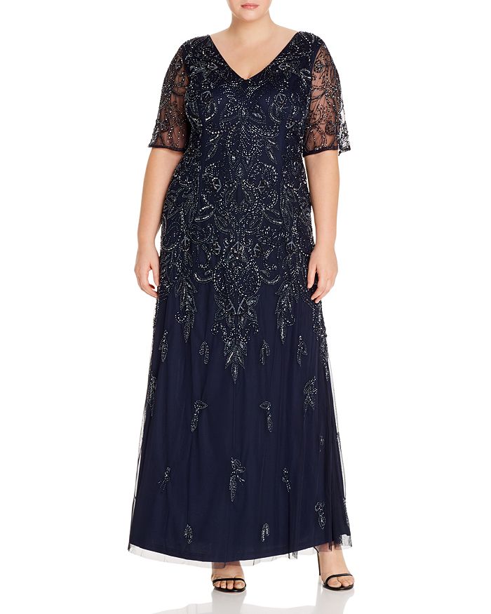Adrianna Papell Plus Beaded Short-sleeve Gown In Midnight