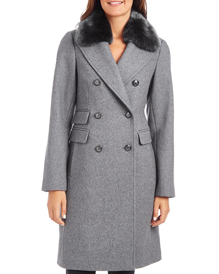 VINCE CAMUTO FAUX FUR TRIM DOUBLE-BREASTED COAT,V29765