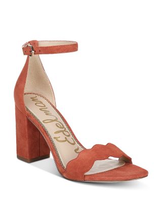 orange suede block heels