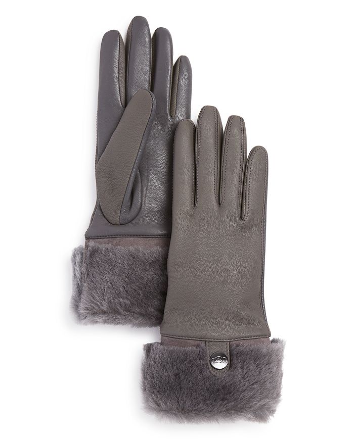 Ugg Shearling-cuff Leather Tech Gloves In Charcoal