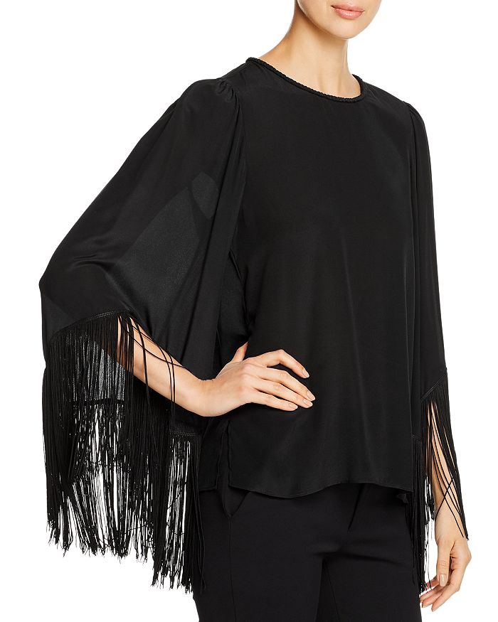 Chemisier En Soie Noire à Franges American Retro – Taille M – Occasion Très Bon état