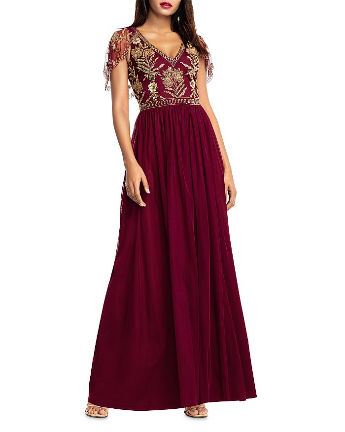 Aidan Mattox Beaded Capelet Gown In Wine