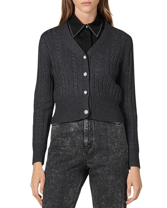 SANDRO JINALE WOOL-BLEND CABLE-KNIT CARDIGAN,SFPCA00076