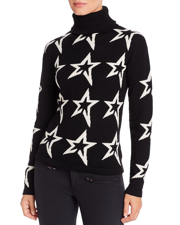 Perfect Moment Star Dust Intarsia Merino Wool Turtleneck Sweater In Black/snow White Star
