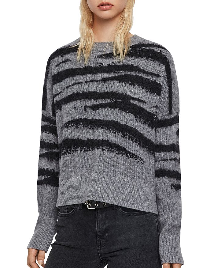 Allsaints Ture Zebra Jacquard Sweater In Gray Marl/black