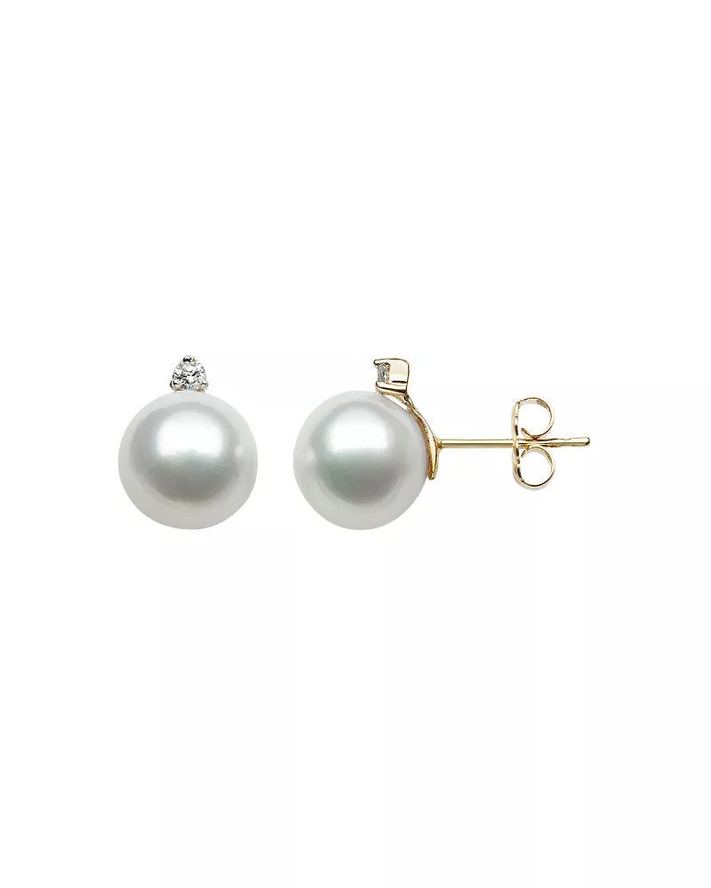 Bloomingdale's Fine Collection Diamond & White South Sea Cultured Pearl Stud Earrings in 14K Yellow Gold