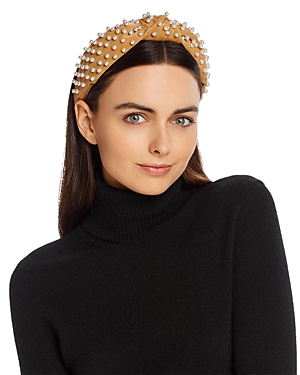 Lele Sadoughi Embellished Faux-leather Knot Headband In Ginger Bread Faux Leather Pearl
