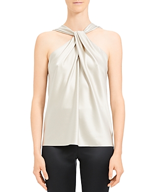 Theory Twist-front Silk-stretch Top In Silver Grey
