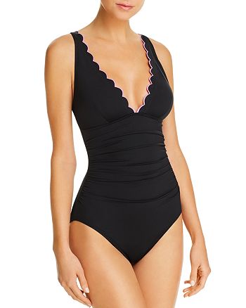 kate spade new york Contrast Scalloped Plunge One Piece Swimsuit |  Bloomingdale's