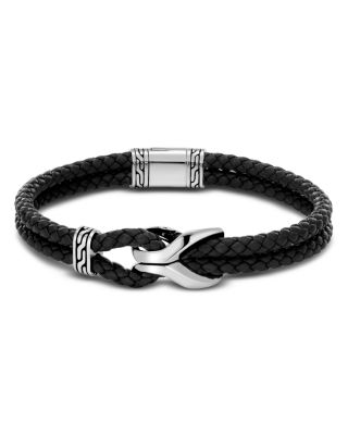 Sterling Silver Classic Chain Cord Bracelet with Black Leather