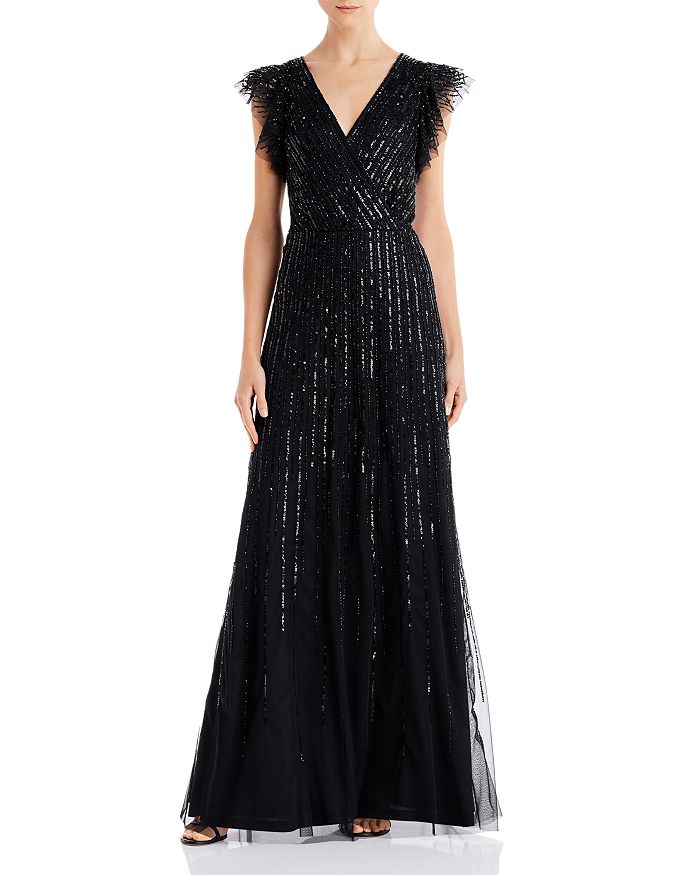 Adrianna Papell Embellished Tulle Gown In Black