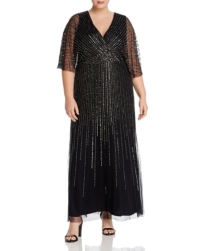 Adrianna Papell Plus Beaded Gown In Black/mercury